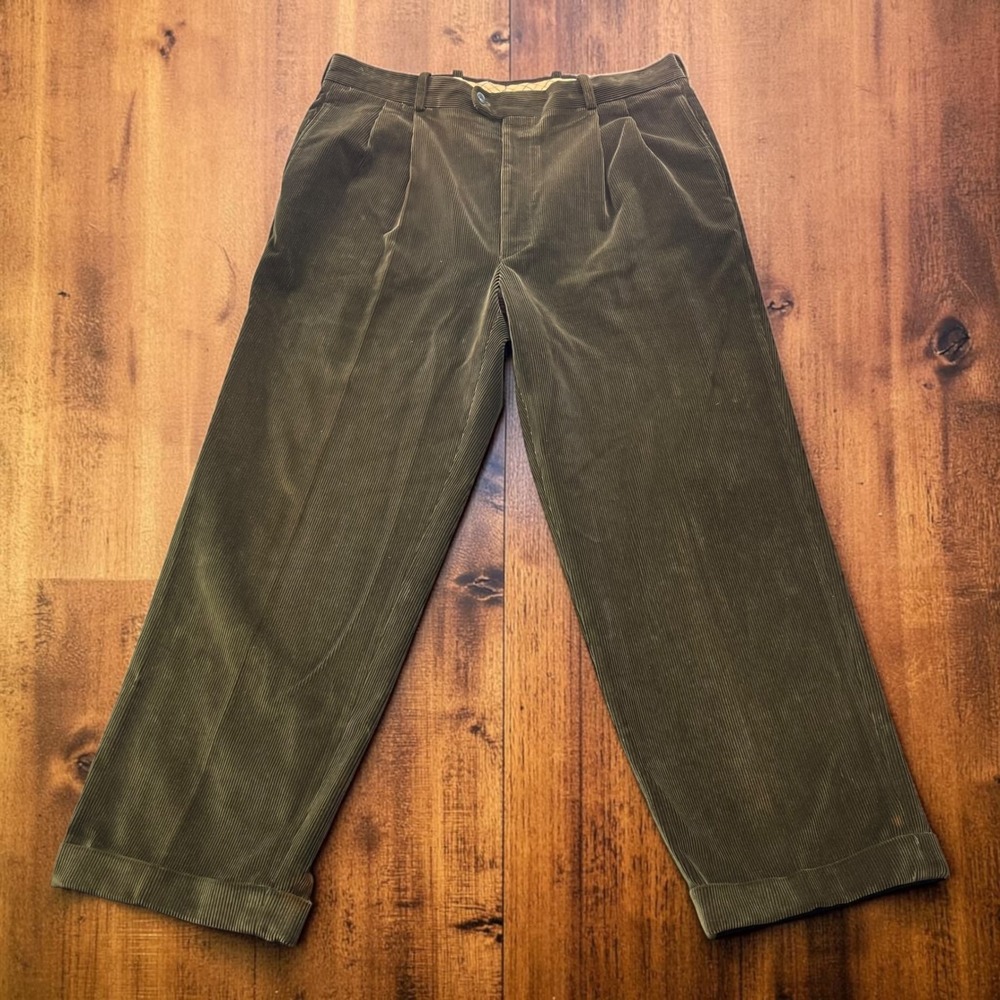 Bernard Zins France Mens Olive Green Pleated Corduroy Trousers Cuffed 38x30